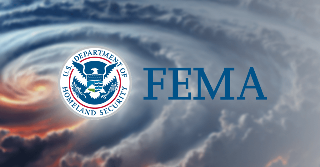 FEMA logo with a tornado backdrop